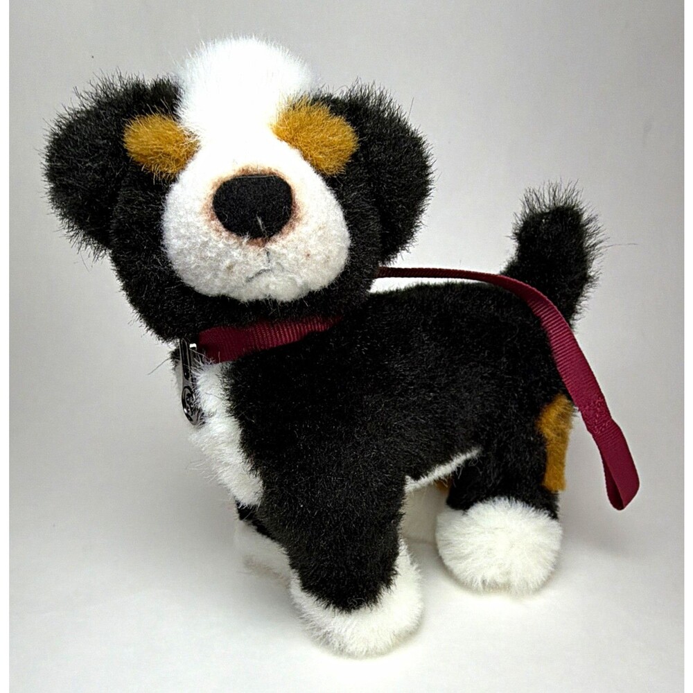 American Girl Dog Plush Stuffed Animal Black White Brown w/ Ribbon Collar